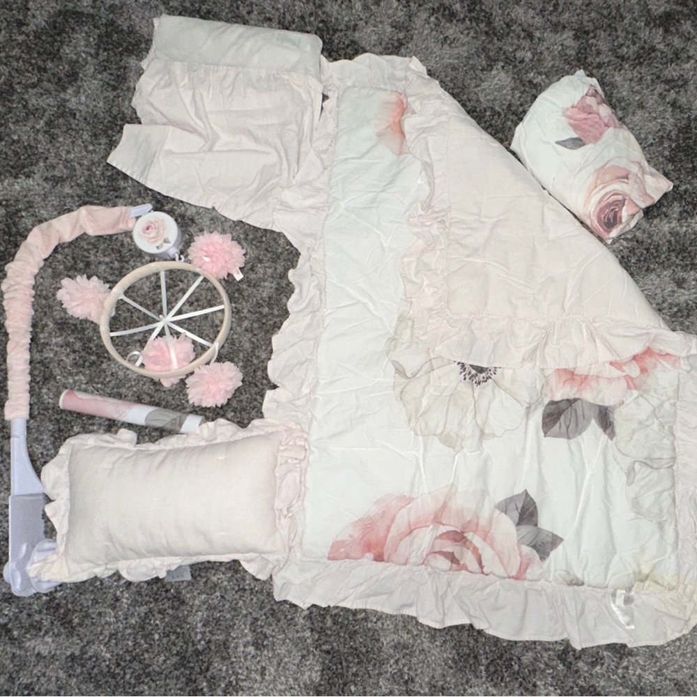Lambs & Ivy Floral Garden Watercolor Kids Bedding Set - Cream and Pink